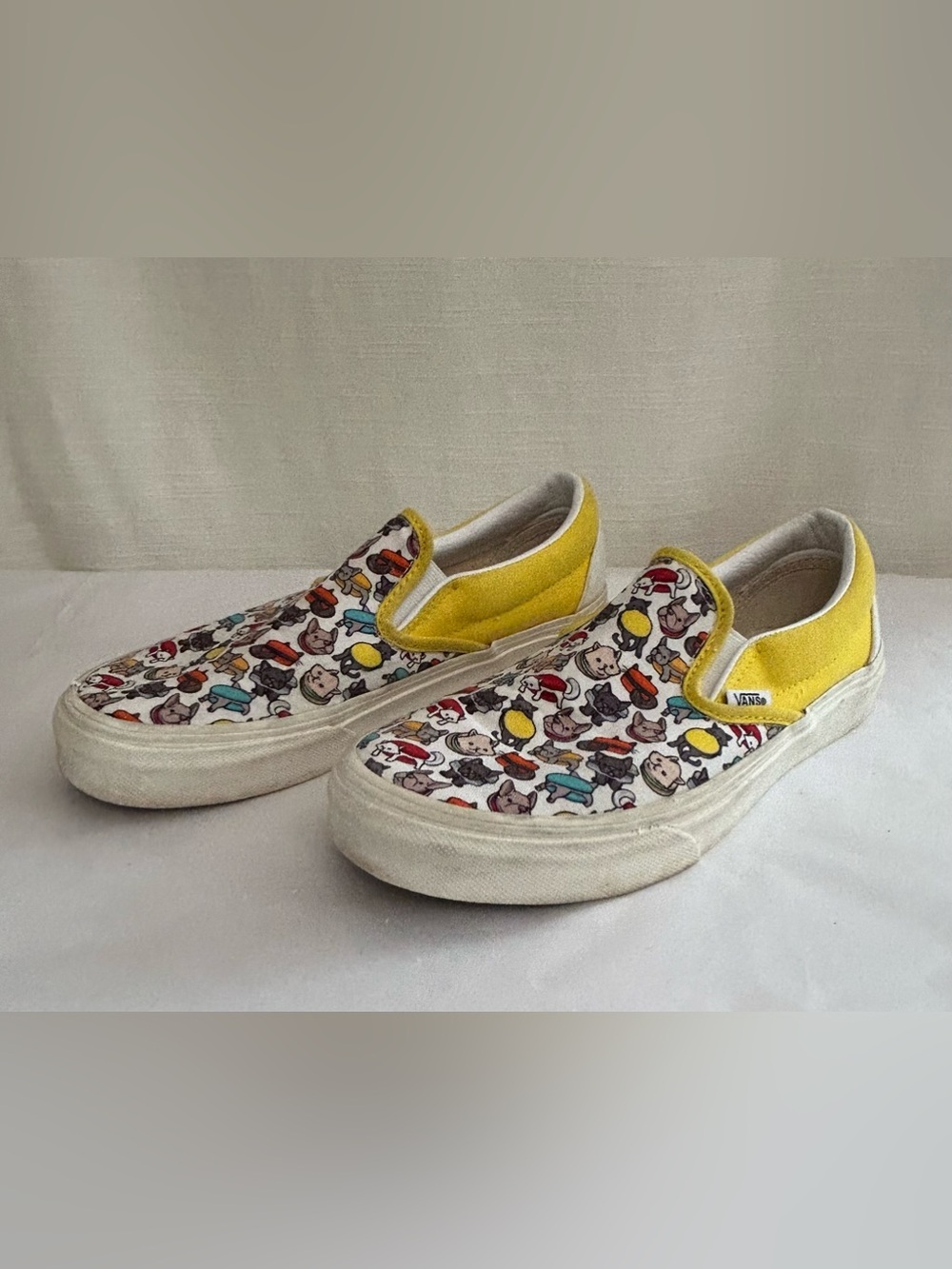 Vans Custom Dog and Cat Slip-On Shoes in White with Yellow Trim - Picture 2 of 8